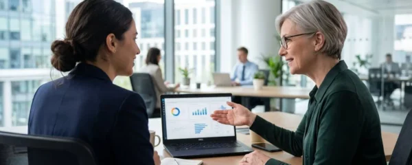 Un directeur financier et son assistante ADV consultent ensemble un tableau de bord de trésorerie sur un écran d'ordinateur, vus de dos dans un bureau lumineux moderne