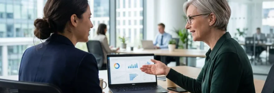 Un directeur financier et son assistante ADV consultent ensemble un tableau de bord de trésorerie sur un écran d'ordinateur, vus de dos dans un bureau lumineux moderne