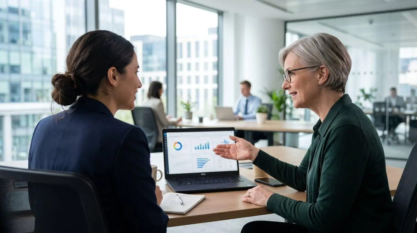 Un directeur financier et son assistante ADV consultent ensemble un tableau de bord de trésorerie sur un écran d'ordinateur, vus de dos dans un bureau lumineux moderne