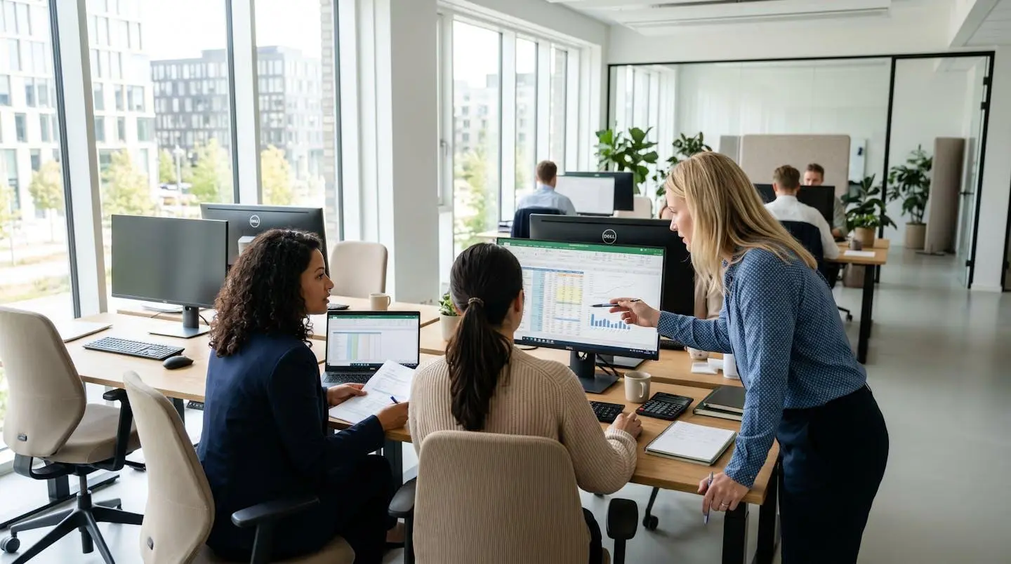 Vue de dos d'une équipe administrative et comptable travaillant en collaboration dans un open space moderne lumineux avec grandes fenêtres
