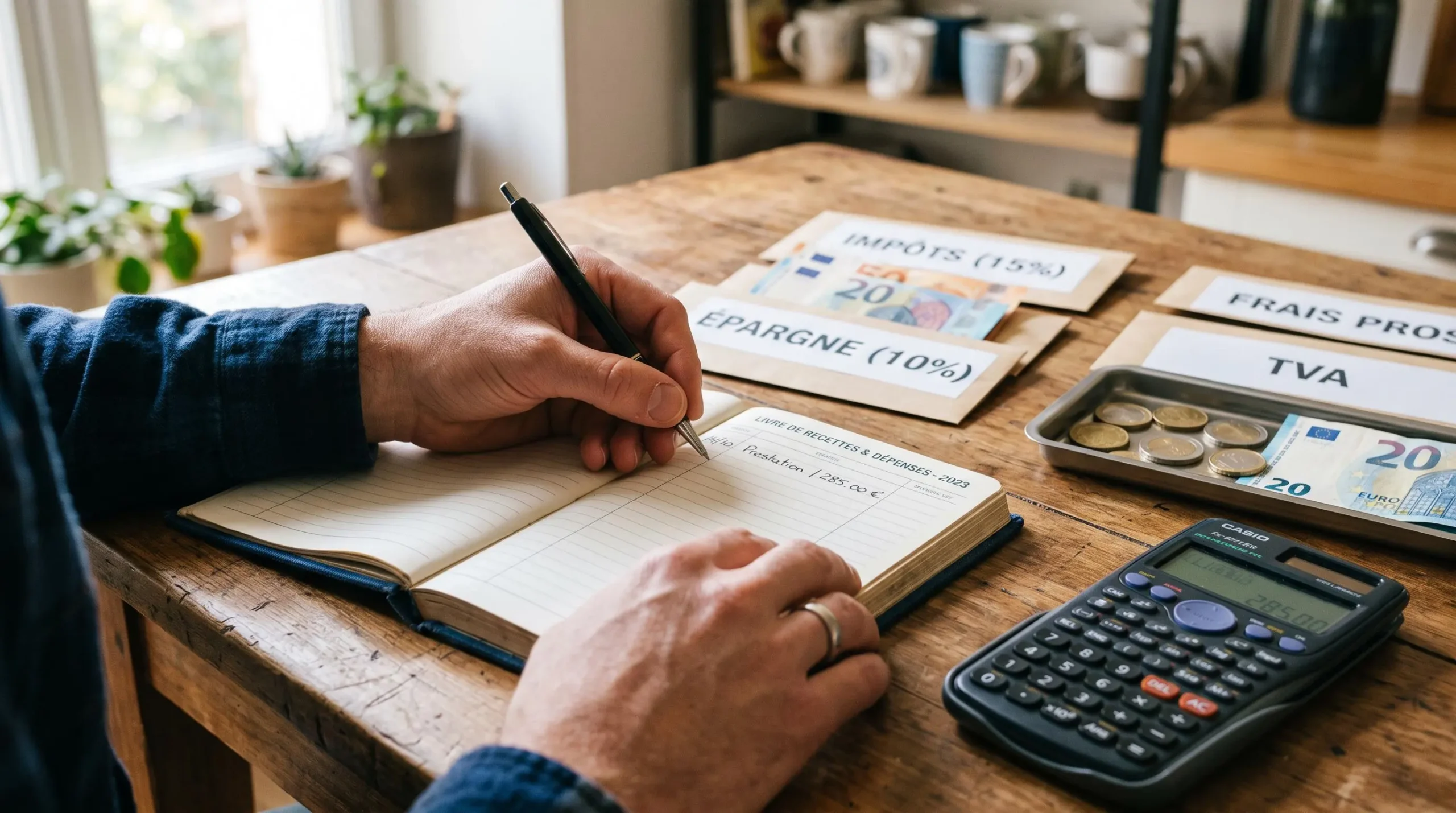 Gros plan sur des mains inscrivant une recette dans un livre de comptes posé sur une table avec une calculatrice et des enveloppes de provision.