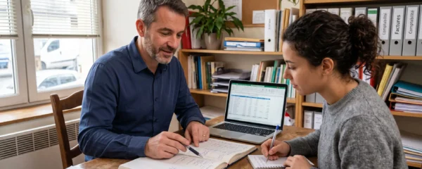 Un comptable explique un livre de comptes et un tableau de gestion à un auto-entrepreneur dans un bureau de conseil.