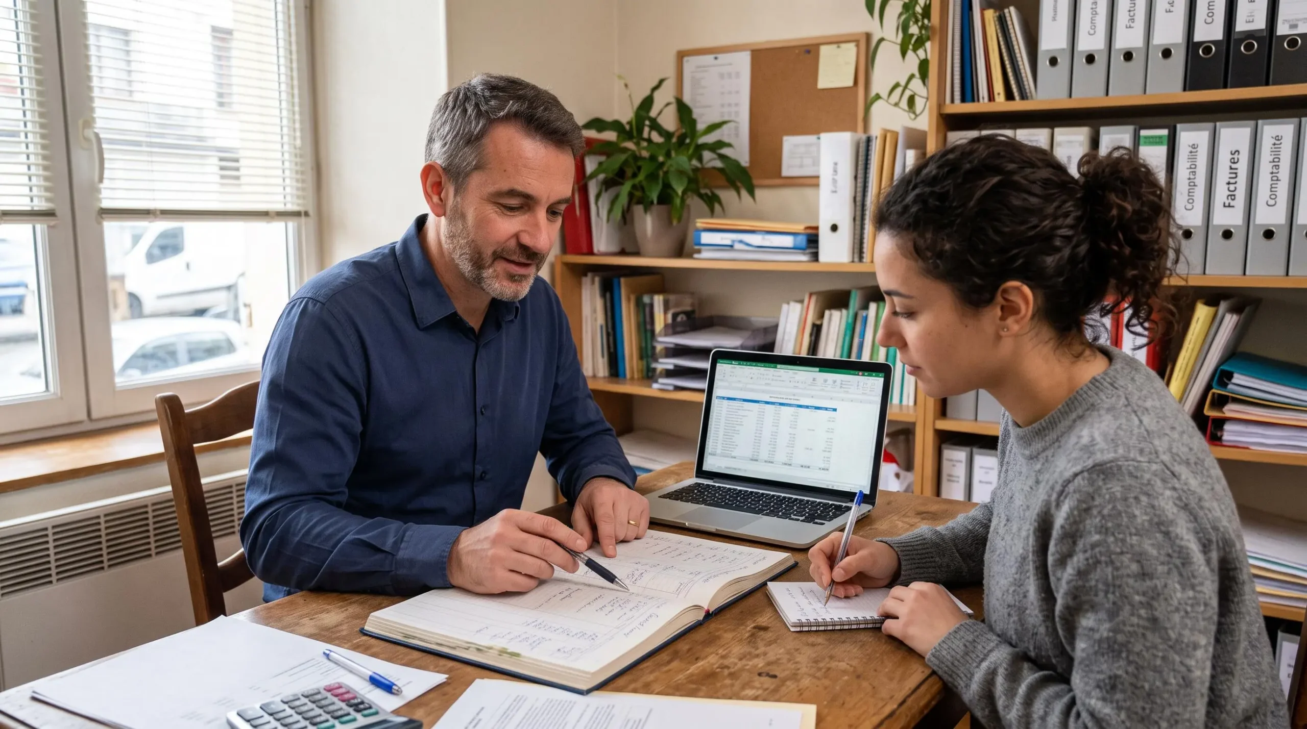 Un comptable explique un livre de comptes et un tableau de gestion à un auto-entrepreneur dans un bureau de conseil.