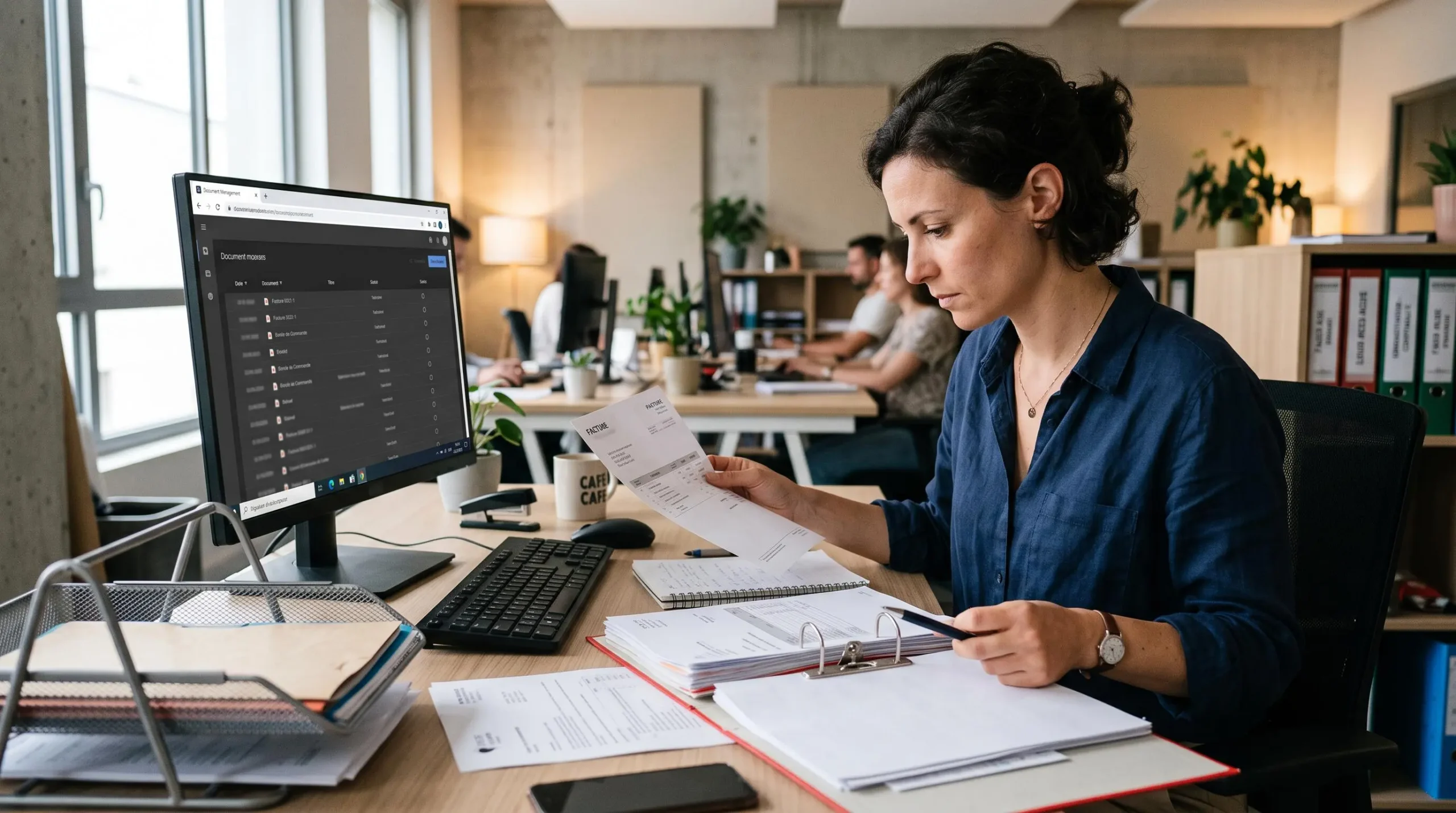Responsable administratif examinant des documents de facturation dans un bureau de PME